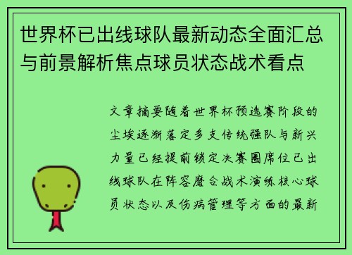 世界杯已出线球队最新动态全面汇总与前景解析焦点球员状态战术看点